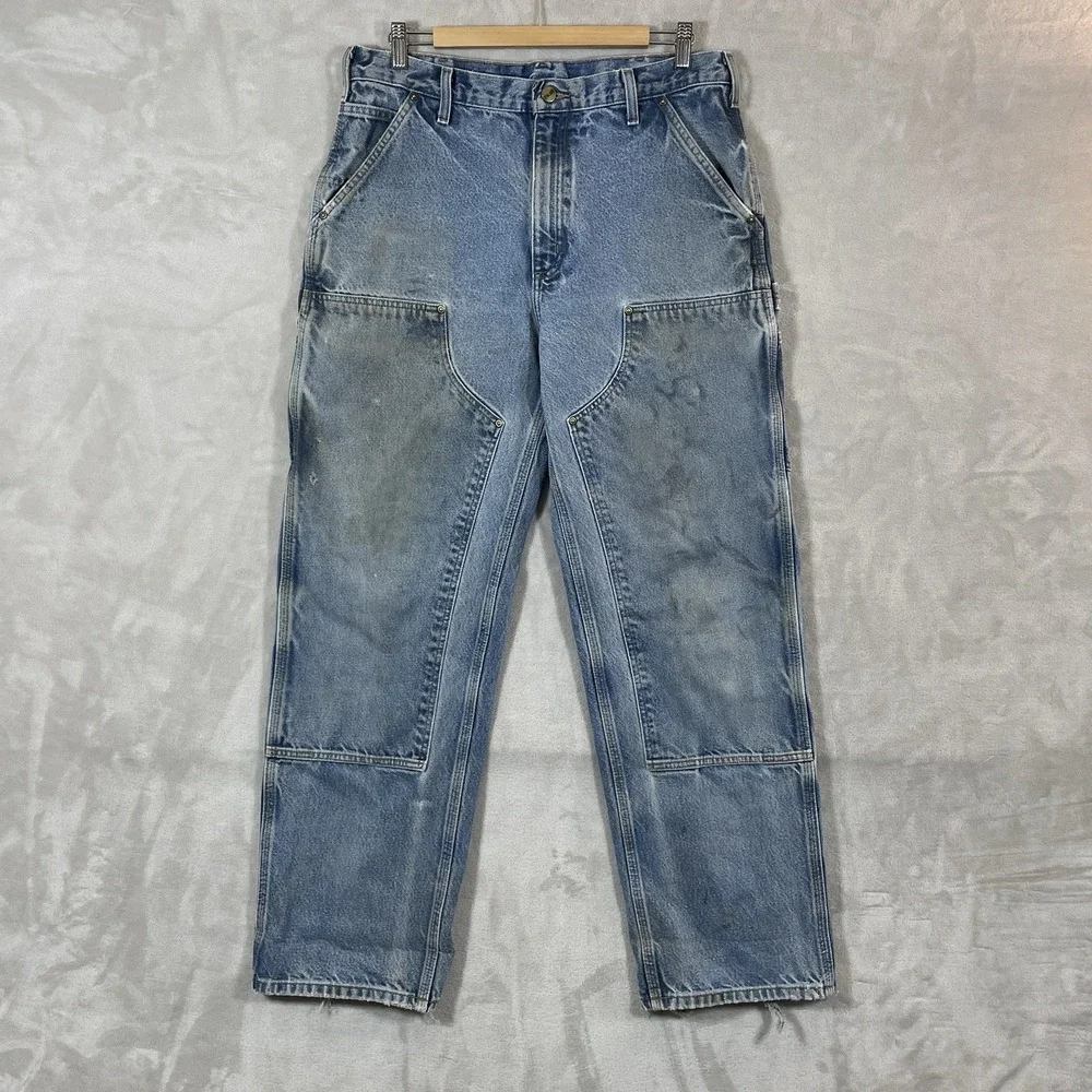 Vtg Carhartt Double Knee Pants Mens 34x32 Thrashed Distressed B73 DST Blue Jeans